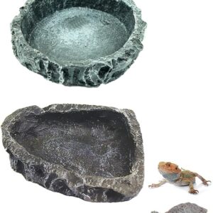 2 Pack Reptile Feeding Bowls, Resin Reptile Rock Bowl, Reptiles Water Tray, Reptile Terrarium Food Dish, Reptile Rock Food, for Reptile Turtle Scorpion Lizard Crabs Pets Supplies (Green and Black)