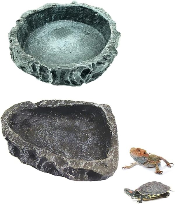 2 Pack Reptile Feeding Bowls, Resin Reptile Rock Bowl, Reptiles Water Tray, Reptile Terrarium Food Dish, Reptile Rock Food, for Reptile Turtle Scorpion Lizard Crabs Pets Supplies (Green and Black)