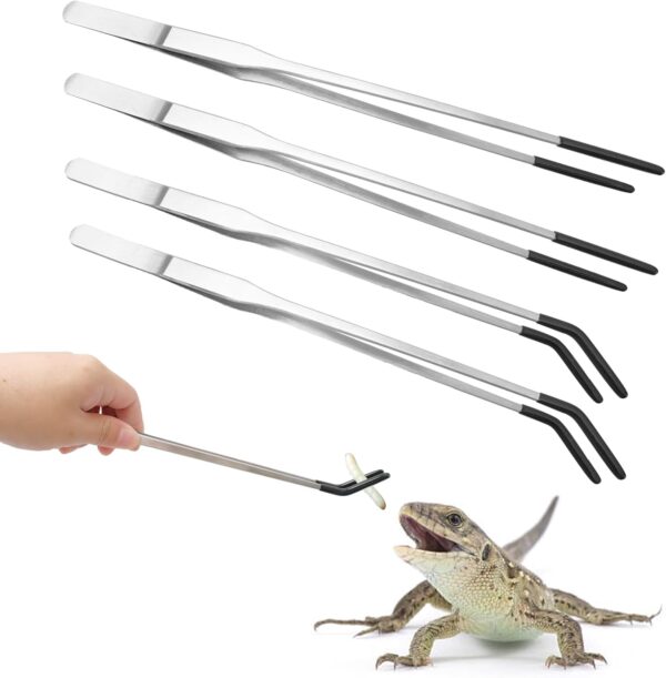 4 Pcs Extra Long Stainless Steel Reptile Feeding Tongs Rubber Tip Bearded Dragon Aquarium Straight and Curved Long Tweezers Terrarium Feeder Tool for Tank Pet Supplies(Silver, 10.5 Inch, 10.63 Inch)