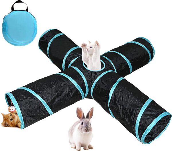 4 Way Cat Tunnel, Rabbit Toys Collapsible Crinkle Tunnel Tube with Storage Bag, Kitten Toys Extensible Cat Tunnels for Indoor Cats, Rabbits, Guinea Pigs, Small Pets Running Hiding Training (Black)