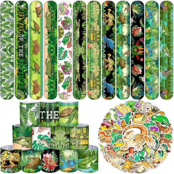 86PCS Reptile Party Favors 50PCS Reptile Stickers 36PCS Reptile Slap Bracelets Alligator Lizard Gecko Snake Turtle Snap Bracelet Reptile Stickers for Kids Reptile Party Supplies Decorations Gifts