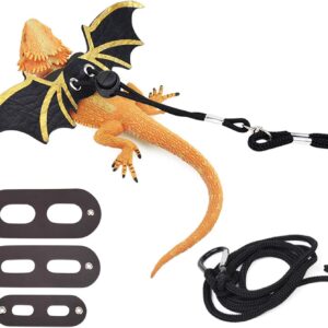 Adjustable Lizard Leash, 3 Sizes Reptile Leather Harness Bearded Dragon Rope with Bat Wings for Lizard Reptiles Amphibians Small Animal (YELLOW)