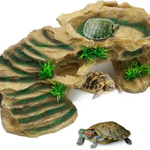 BREUAILY Reptile Ramps Platform Resin Turtle Basking Platform with Climbing Ramp Reptile Hide Cave Habitat Ornament for Bearded Dragon Lizard Frogs