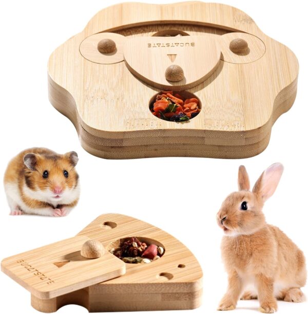 BUCATSTATE Hamster Foraging Toy 2PCS, Bamboo Enrichment Foraging Toy for Small Pet, Interactive Hide Treats Puzzle Game for Guinea Pig, Birds, Rabbits (Paw Shape & Cheese)