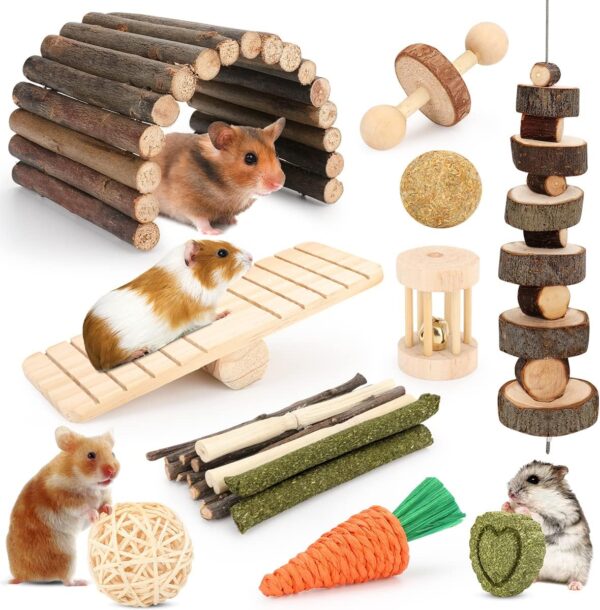 Hamster Toys Guinea Pig Toys Hamster Wheel Hamster Cage Accessories Small Animal Molar Chew Toys for Chinchillas,Gerbils,Mice,Rats,Mouse,Rabbit,Bunny Hideout Seesaw