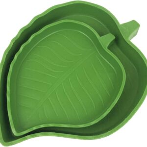 Jagowa Leaf-Shaped Reptile Food & Water Bowls - Set of 2, 2-Sizes, Plastic Feeder & Drinking Bowls for Moriya Corn Snakes & Crawling Pets in Green