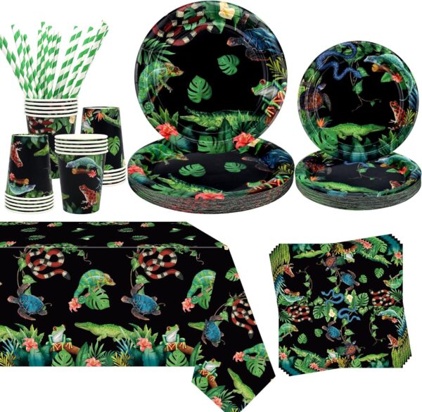 Obussgar Reptile Birthday Party Decorations - Reptile Party Supplies including Plates, Cups, Napkins, Straws, Tablecloths - Serves 20