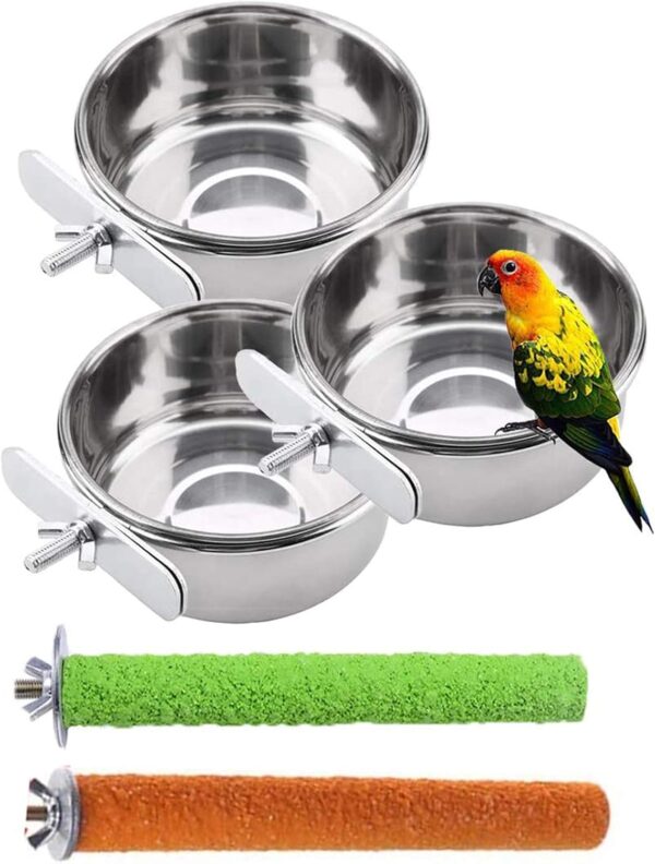 PINVNBY Parrot Food Water Bowls Bird Feeding Dish Cups Budgie Feeder with Clamp Stainless Steel Canaries Perches for Macaw Conure Lovebird Finch Small Animal 5 Pack