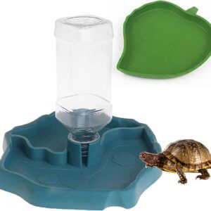 PINVNBY Reptile Food Water Bowl 2 in 1 Feeding Dish Automatic Dispenser Turtle Feeders Waterer With Leaf Plate Dish for Lizards Tortoises Gecko Chameleon 2 PCS (blue)