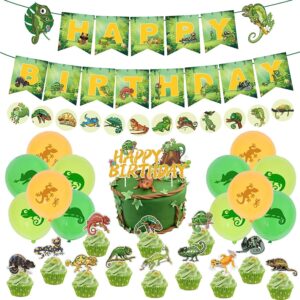 PRATYUS Reptile Lizard Party Decorations, Lizard Jungle Wild Party Supplies with Happy Birthday Banner, Lizard Stickers, Cake Toppers, Balloons for Kids Swamp Safari Animal Theme Party