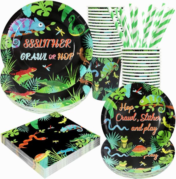 Reptile Party Supplies Decorations, Jungle Lizard and Snake Theme Birthday Paper Plates and Napkins Set with Cups and Straws for 24 Guests, 120 Pcs Disposable Party Dessert Dinnerwares