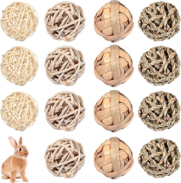 Skylety 15 Pieces Small Animal Chew Ball Toy Rolling Activity Play Balls Bunny Treat Ball Grass Ball Pet Cage Accessories for Rabbits Guinea Pigs Chinchilla Teeth Grinding Gnawing Biting