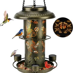 Solar Bird Feeders for Outside Wild Bird Feeders with 3 Water Cups and Food Tray, Metal Bird Feeders for Outdoor Hanging in The Trees&Hooks, Solar Lantern Decorations for Garden, Patio(Green)