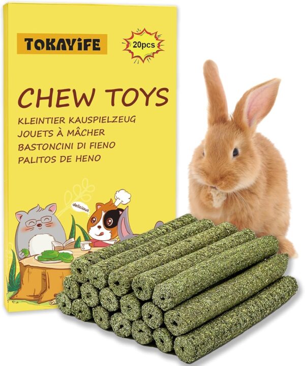 TOKAYIFE Rabbit Chew Toys, 210g Rabbit Treats Natural Timothy Hay Sticks Boredom Breakers for Rabbits, Chinchillas, Guinea Pigs, Hamster, Hedgehogs (20 pcs)