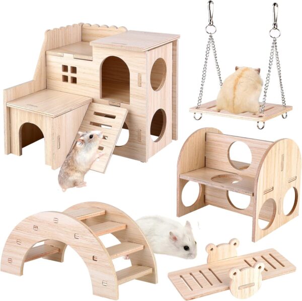 Vegena Wooden Hamster Toy Set, 5 Pcs Hamster Toys Set, Wooden Pine Guinea Pigs Toy, Including Wooden Hamster House Seesaw Bridge And Swing, Wooden Toys for Hamster Bunnies Small Pet