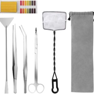 6 in 1 Aquatic Plant Aquascaping Tool Stainless Steel Silver Tweezers Scissors Spatula for Fish Tank Clean Aquascape Tools Sets with Fishing net, 80p PH Paper(Silver)