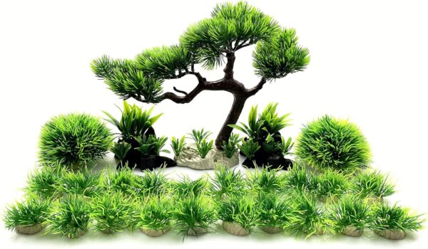 BEGONDIS Artificial Aquarium Green Water Plants Tree Set 25 Pcs, Fish Tank Aquarium Decorations (Set 1)