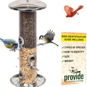 PROVIDE Large Stainless Steel bird feeder With Tray, garden Bird Seed Feeder, bird feeders for small birds, metal wild Bird Feeders. Hanging Bird Feeder for seeds, bird feeders for Wild bird