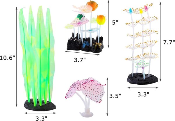 Podazz Glowing Fish Tank Decorations, 4 pcs Glow Aquarium Plants Artificial Coral Ornament Lotus Green Kelp and Anemone Glowing in Dark Decortation Set for Aquarium