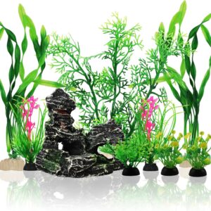 QUOZUO Fish Tank Accessories Aquarium Plants, 9pcs Green Fish Tank Decorations Plants and Cave Rock Decor Set, Aquarium Decorations Plastic Plants