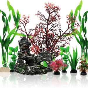 QUOZUO Fish Tank Decorations Plants with Resin Cave Rock View, 9pcs Aquarium Decorations Plants Plastic, Fish Tank Accessories, Fish Cave and Hideout Ornaments