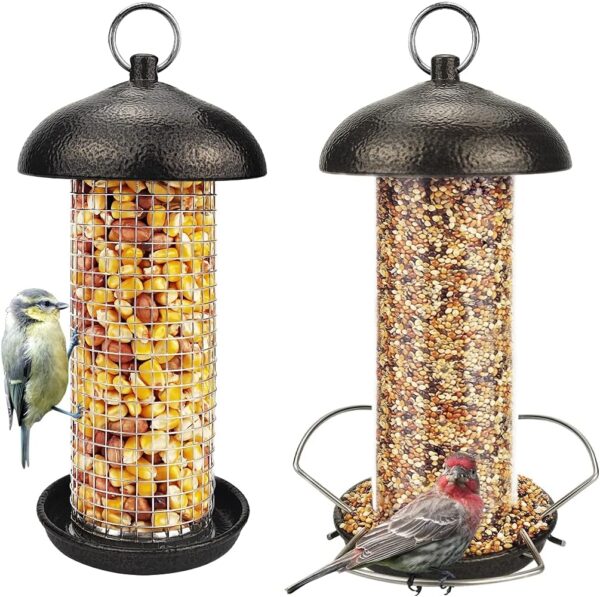 Urban Deco Hanging Bird Seed Feeders Set Metal Tube Mixed Seed Feeder Peanut Sunflower Seed Feeder with Hanger for Garden Outside Great for Attracting Wild Birds (Coffee-2 Pack)