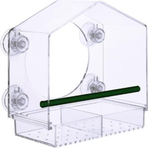 Window Bird Feeder - Extra Strong Suction Cups and Removable Seed Tray with Drainage Holes. Windowsill Birdfeeders for Wild Birds, Finch, and Cardinal. LIANGPIN Transparent Birdhouse Shape Design