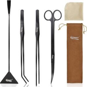 hygger Long Stainless Steel Premium Aquarium Tools, 4 PCS Aquatic Plant Tweezers Scissors Spatula Kits Comes with 1 Cleaning Cloth, for Fish Tank Starters