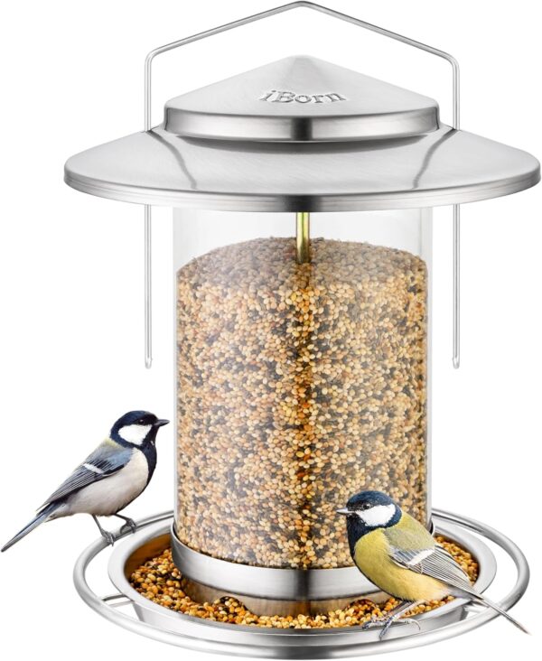 iBorn Metal Bird Feeder for small birds,Easy Clean Bird Seed Feeder,Hanging Bird Feeder for Seeds With Gift Box，3-Second Refill Bird Feeder,Nickle 6 Port (Seed is not Included)