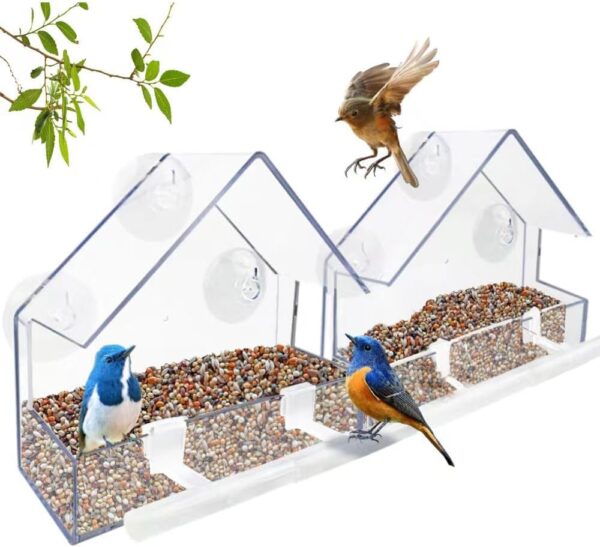 WLLKOO Window Bird Feeder 2 Pack, Bird House for Outside with 4 Rod, Small Acrylic Window Bird Feeder with Strong Suction Cups and Drain Holes 5.9 * 2.4 * 5.9 in