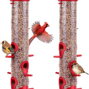 Kingsyard 2 Pack Tube Feeders with 6 Feeding Ports for Outdoors Hanging, Premium Hard Plastic Weatherproof & Steel Hanger, Attracting for Wild Birds (Red)