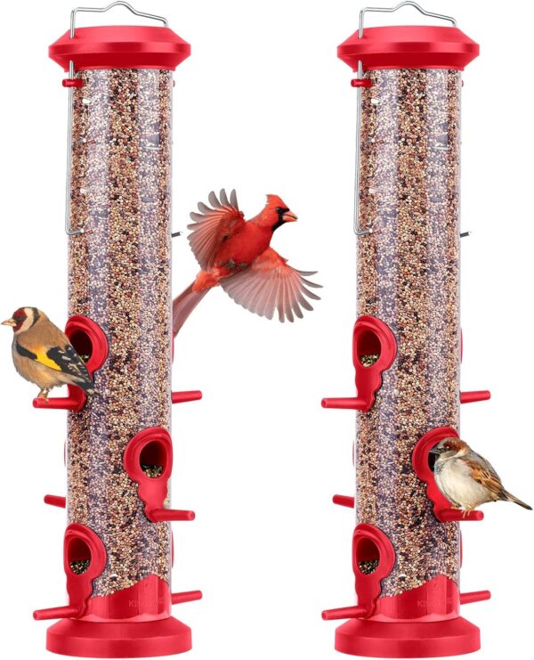 Kingsyard 2 Pack Tube Feeders with 6 Feeding Ports for Outdoors Hanging, Premium Hard Plastic Weatherproof & Steel Hanger, Attracting for Wild Birds (Red)