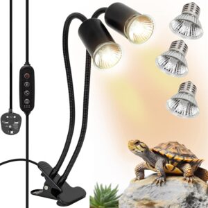 SIYOMG Tortoise Heat Lamp, Reptile Heat Lamps, Dual Head UVA UVB Heating Lamp with Cycle Timer, Dimmable Basking Spot Lamp with Clip for Turtle, 3 Bulbs(50W) Included