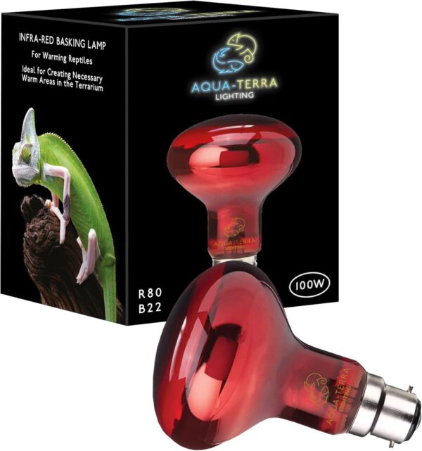 Aqua-Terra Lighting 100w Infrared Basking Heat Lamp for Reptiles, Amphibians and Invertebrates– R80 spotlight bulb with a B22 standard Bayonet Base suitable for vivarium heating