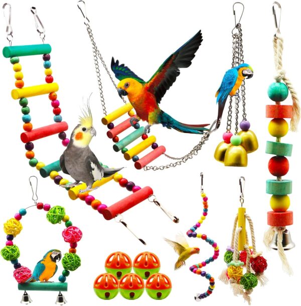 MQUPIN Bird Parrot Toys 12 Pack,Budgie Toys Parrots Cage Toys Hanging Swing Climbing Shredding Perches Toys Ladders Sepak Takraw Parrot Bite Toy Cockatiel Toys for Parakeet Budgerigar