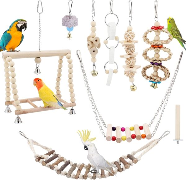 Seahelms 8Pcs Parrot Toys Birds Budgie Cage Toys Cockatiel Bird Chewing Natural Wood Hammock Hanging Bell Bird Cage Swing Toys for Cockatiel, Finches,Small Parakeets, Budgie and Macaws (log)