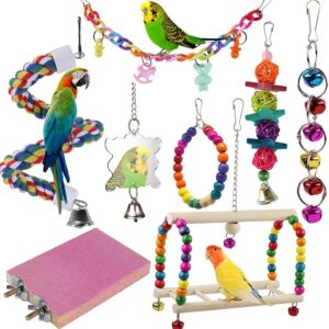 Bird Parrot Toys, Hanging Bell Bird Cage Swing Toy, Wooden Perch Chewing Toys for Small Parakeets, Cockatiels, Conures, Budgie, Lovebirds, Macaws (8Pcs Brid Toys)