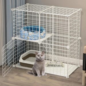 BNOSDM 2 Tier Cat Cage Indoor Detachable Metal Wire Kitten Cage DIY Pet Cat Kennel Enclosures with Door for Kitten Small Animals White