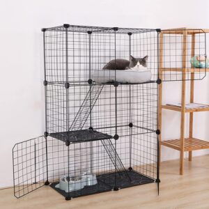 MYOYAY 3 Tier Pet Playpen DIY Small Animal Cage Guinea Pig Rabbits Hamster Bunny Puppy Cat Metal Exercise Fence Enclosure Run Cage Metal with 3 Doors 2 Ladders 24 Panels Black 109 x 75 x 39 cm