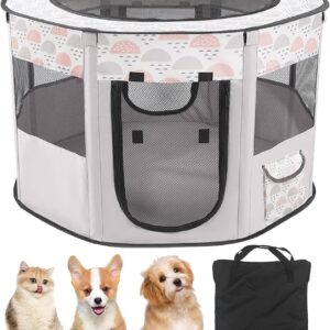 Kathson Portable Pet Playpen, Foldable Cat Cage, Dog Cat Tent, Fabric Cat Pen Indoor/Outdoor Waterproof Removable Shade Cover Travel Pet Carrier with Carry Case for Small Dog Cat Rabbit (Gray)