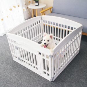 Pet Playpen Foldable Gate for Dogs Heavy Plastic Puppy Exercise Pen with Door Portable Indoor Outdoor Small Pets Fence Puppies Folding Cage 4 Panels Medium Animals House Supplies (33.5x33.5 inches)