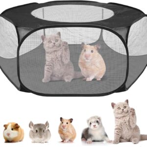 Small Animals Playpen Tent Cage, Pet Tent Pop Up Pet Playpen with Top Cover, Portable Dog Cat Play Pen for Guinea Pig, Puppy, Kitten, Rabbits, Hamster, Chinchilla, Hedgehogs (Black)