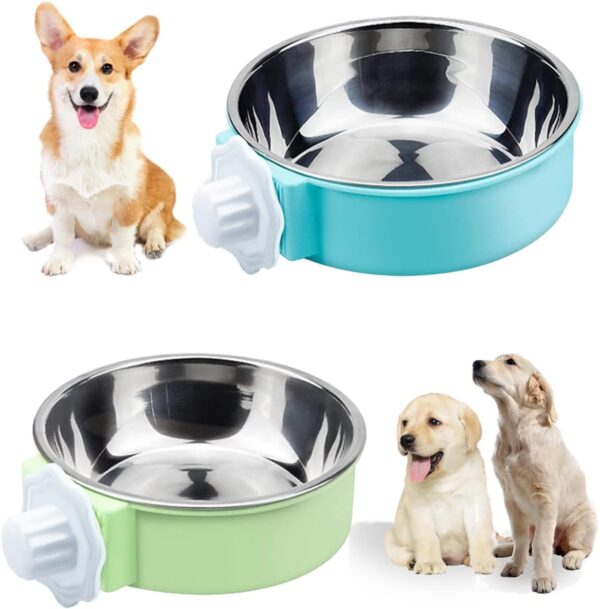 RIGHTWELL Dog Bowls, 2 PCS Removable Stainless Steel Dog Crate Water Bowls, 2-in-1 Pet Cage Hanging Feeding Bowls with Bolt Fixer, Suitable for Puppies, Cats and Other Small Animals