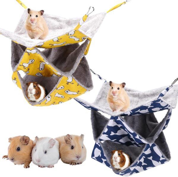 Vyuwast 2 Pack Hamster Hammock, Three-Tier Hanging Bed for Small Animals Guinea Pig Cage Accessories Bedding Warm Hammock for Parrot Ferret Squirrel Hamster Rat Playing Sleeping(Blue&Yellow)