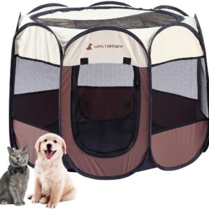 Foldable Portable Pet Playpen, Soft Pop up Pet Playpens for Puppy Dog Kitten Cat, Lightweight Fabric Playpen with Breathable Mesh, Pet Cage for Indoor and Outdoor Use (29 x 29 x 17 in, Coffee)