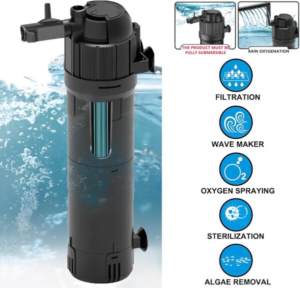 Internal Fish Tank Filter,5 in 1 Aquarium Filter with UV Steriliser,(Aeration/Rainfall,etc) Filter Pump for 80-200L Aquariums,650 L/H Aquarium Filter Pump Flow Rate and Direction Adjustable