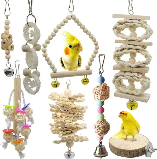 8 Pcs Small Bird Parrot Swing Chewing Grinding Toys Set - Bird Bell Toys for Cage Hanging - Ideal Wood Toys for Small Parakeets, Cockatiel, Budgie, Finches and Love Birds #3