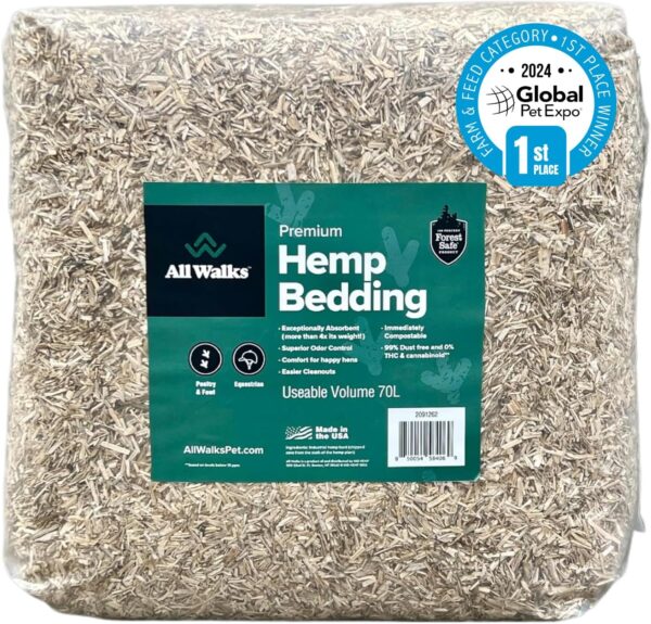 All Walks (70L) Hemp Bedding for Chicken Coops, Guinea Pigs, Hamsters, Rabbits, and Other Small Animals - 100% Natural, Superior Odor Control, Sustainably Sourced Pet Bedding - Made in America