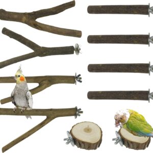 Allazone 10 PCS Natural Wood Bird Perch Stand, Bird Parrot Perch Stand Set, Wooden Parrot Perch Stand Perch Platform Cage Accessories for Parrotlets Cockatiels Budgies Parakeets