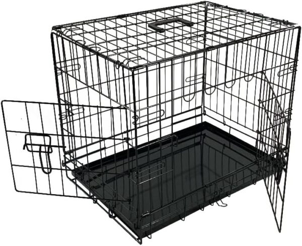 BUNNY BUSINESS UNDERDOG Metal Dog Crate/Cage – Pet Black Metal Folding Cage with 2 Doors Sliding Chew Resistant Plastic Base Tray Heavy Duty Puppy Training Solution (24" Small, Dog Crate)